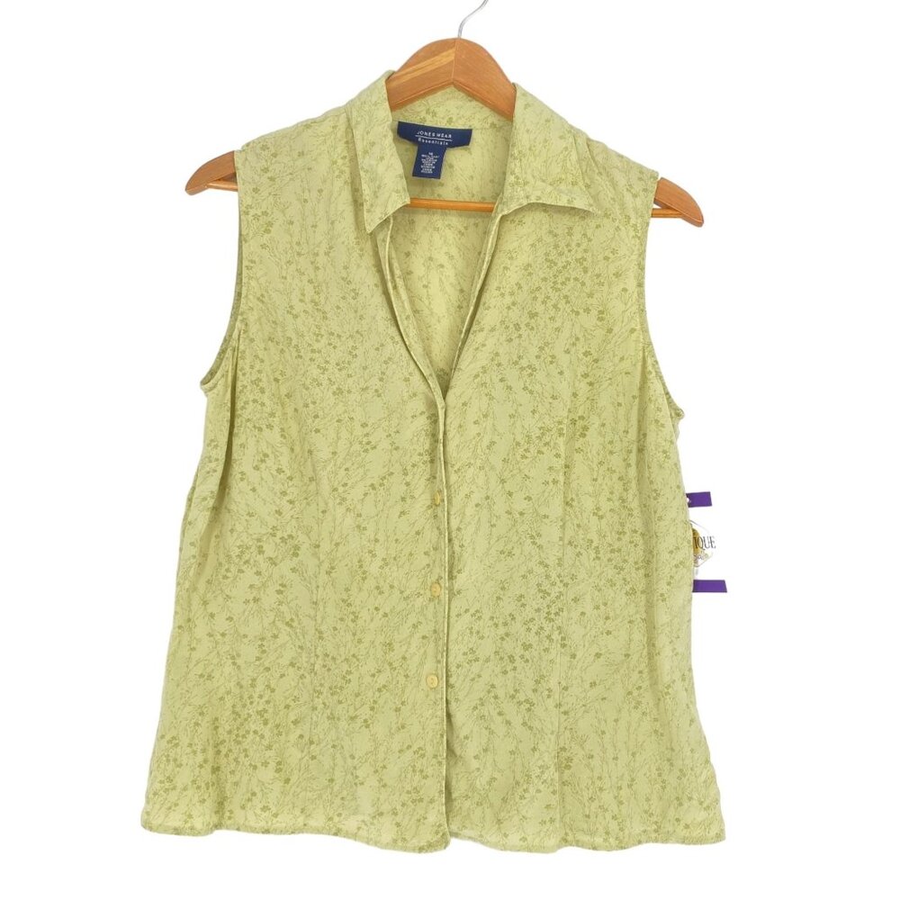 Vintage Jones Wear Womens 14 Silk Sleeveless Blouse Green Micro Floral